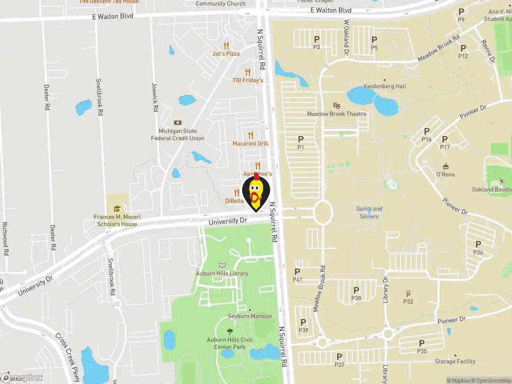 Map image with a marker at Dave's Hot Chicken, 2031 N. Squirrel Rd., Auburn Hills, MI, 48326, United States. Click for directions.