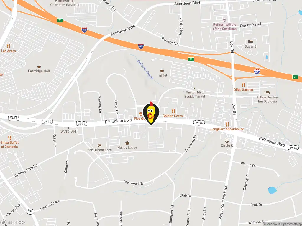 Map image with a marker at Dave's Hot Chicken, 2230 East Franklin Blvd., Suite 140, Gastonia, NC, 28054, United States. Click for directions.