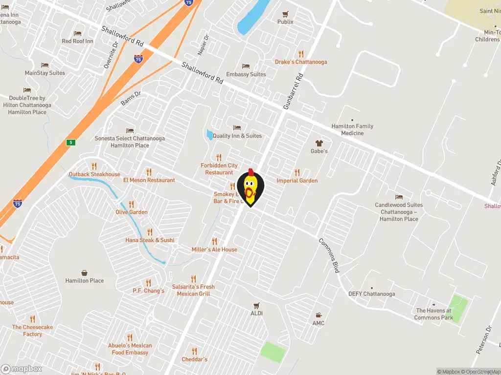Map image with a marker at Dave's Hot Chicken, 2266 Gunbarrel Rd., Unit 14, Chattanooga, TN, 37421, United States. Click for directions.