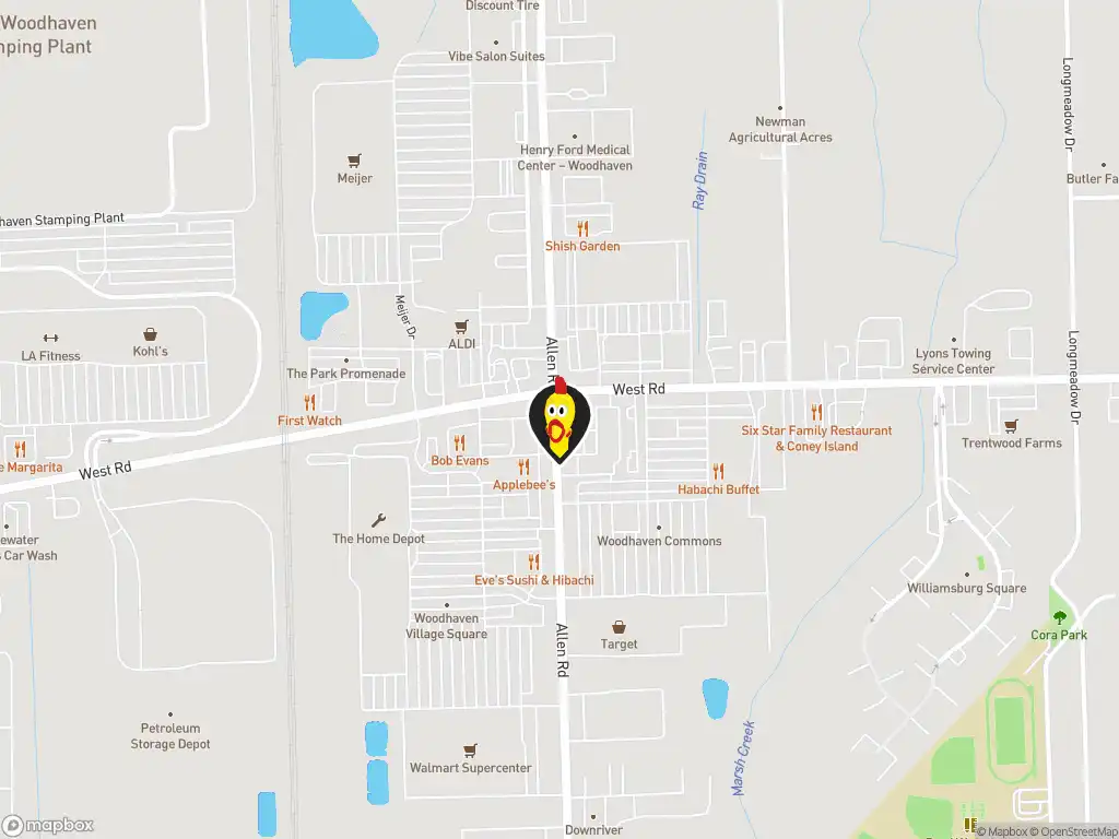 Map image with a marker at Dave's Hot Chicken, 23071 Allen Rd.,, Woodhaven, MI, 48183, United States. Click for directions.