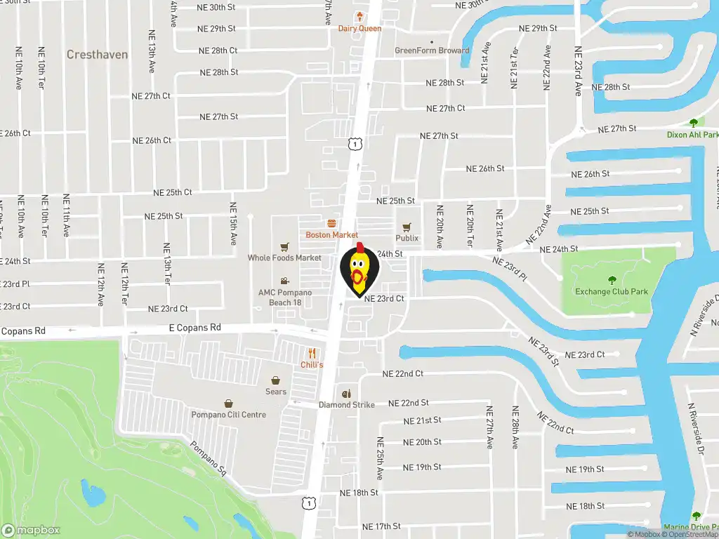 Map image with a marker at Dave's Hot Chicken, 2390 N. Federal Hwy., Suite 101, Pompano Beach, FL, 33062, United States. Click for directions.