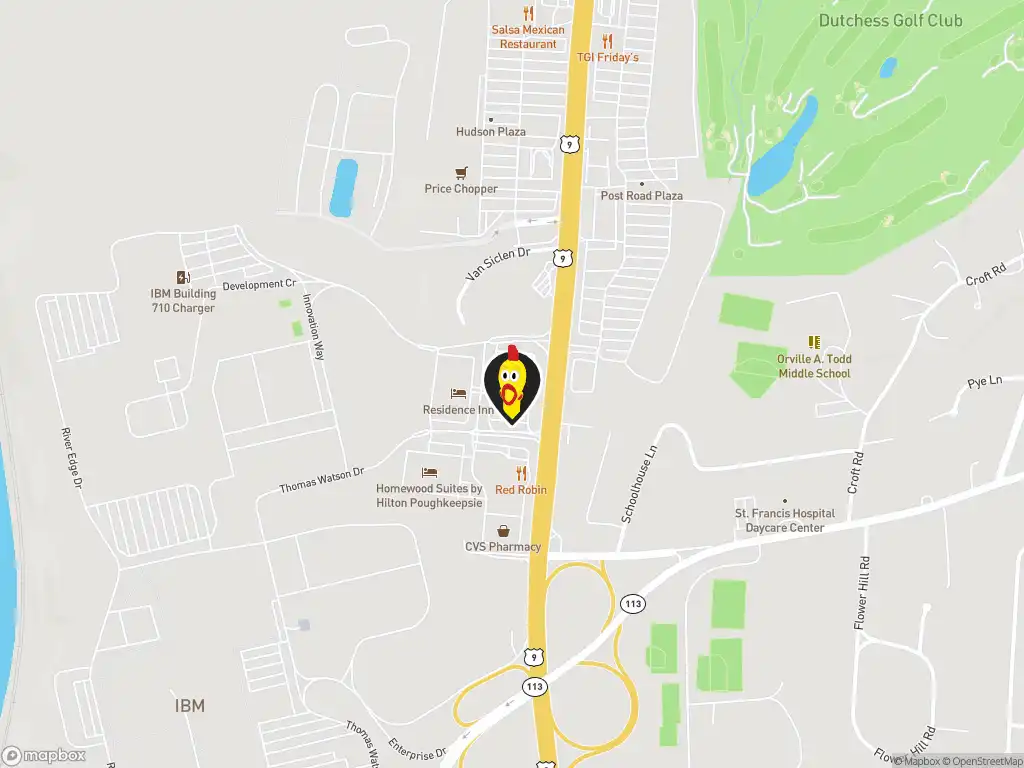 Map image with a marker at Dave's Hot Chicken, 2521 South Rd, Poughkeepsie, NY, 12601, US. Click for directions.