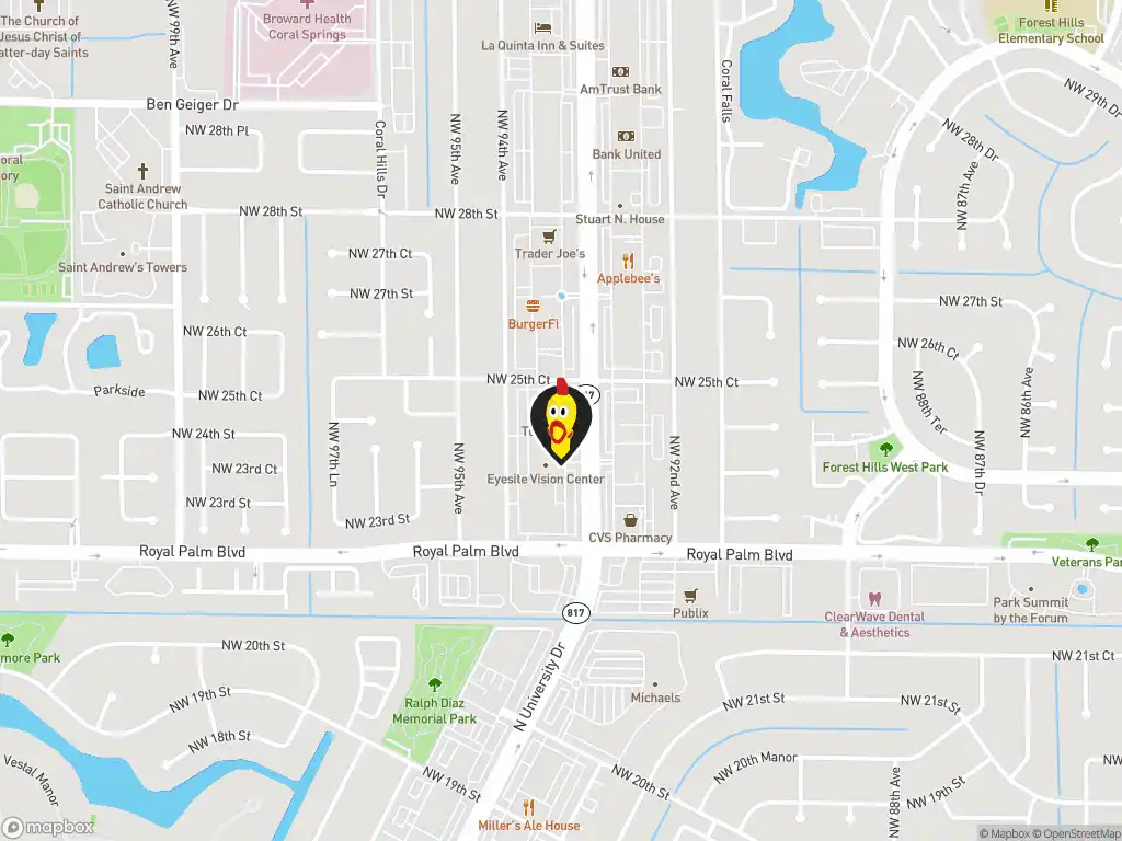 Map image with a marker at Dave's Hot Chicken, 2560 N. University Dr., Coral Springs, FL, 33065, United States. Click for directions.