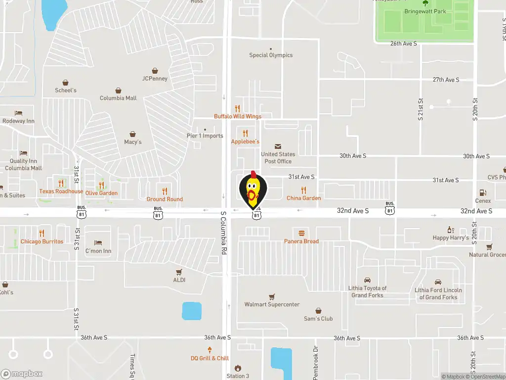 Map image with a marker at Dave's Hot Chicken, 2650 32nd Ave S Suite F-1, Grand Forks, ND, 58201, United States. Click for directions.