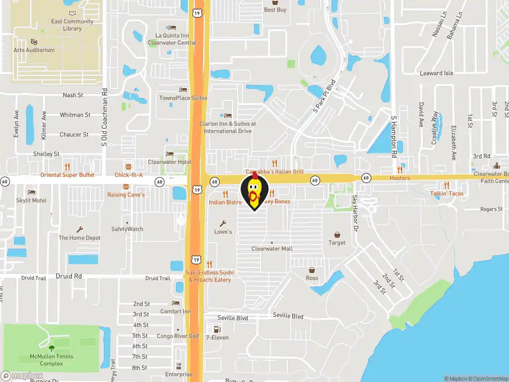 Map image with a marker at Dave's Hot Chicken, 2689 Gulf to Bay Blvd., Unit 1840, Clearwater, FL, 33759, United States. Click for directions.