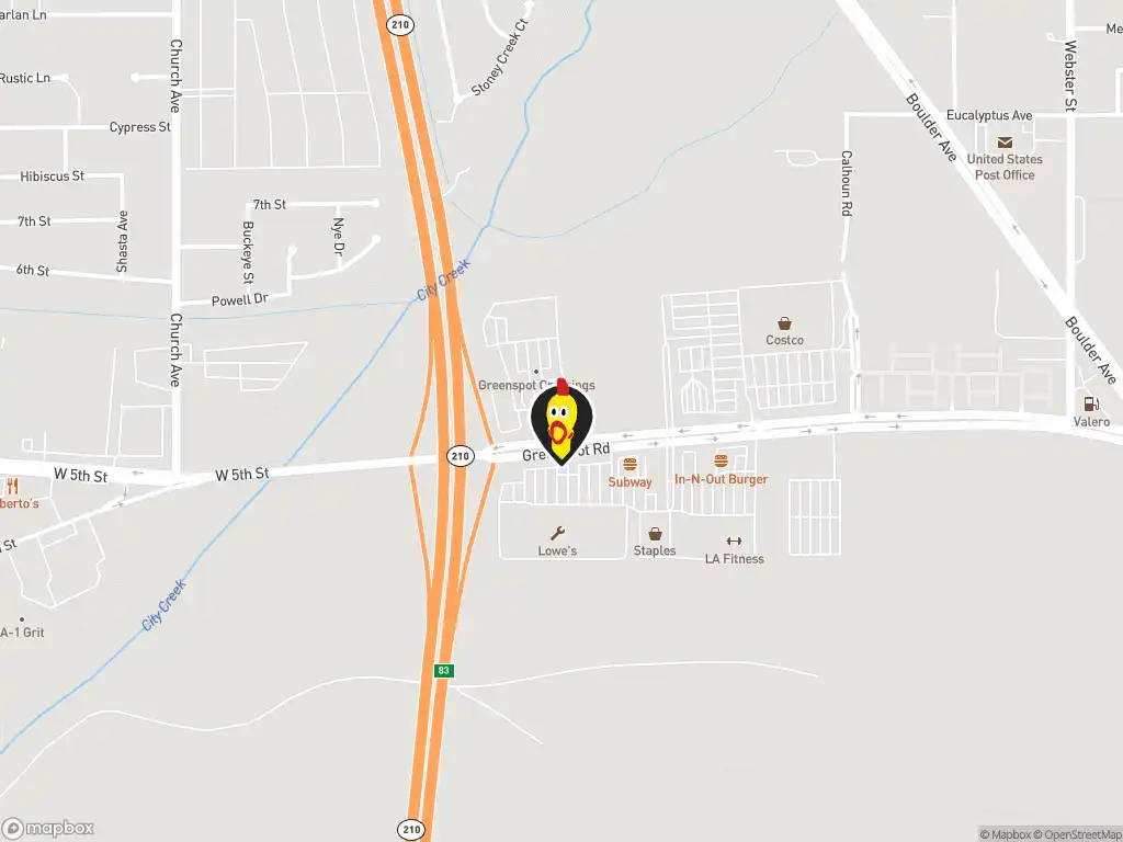 Map image with a marker at Dave's Hot Chicken, 27876 Greenspot Rd., Highland, CA, 92346, United States. Click for directions.