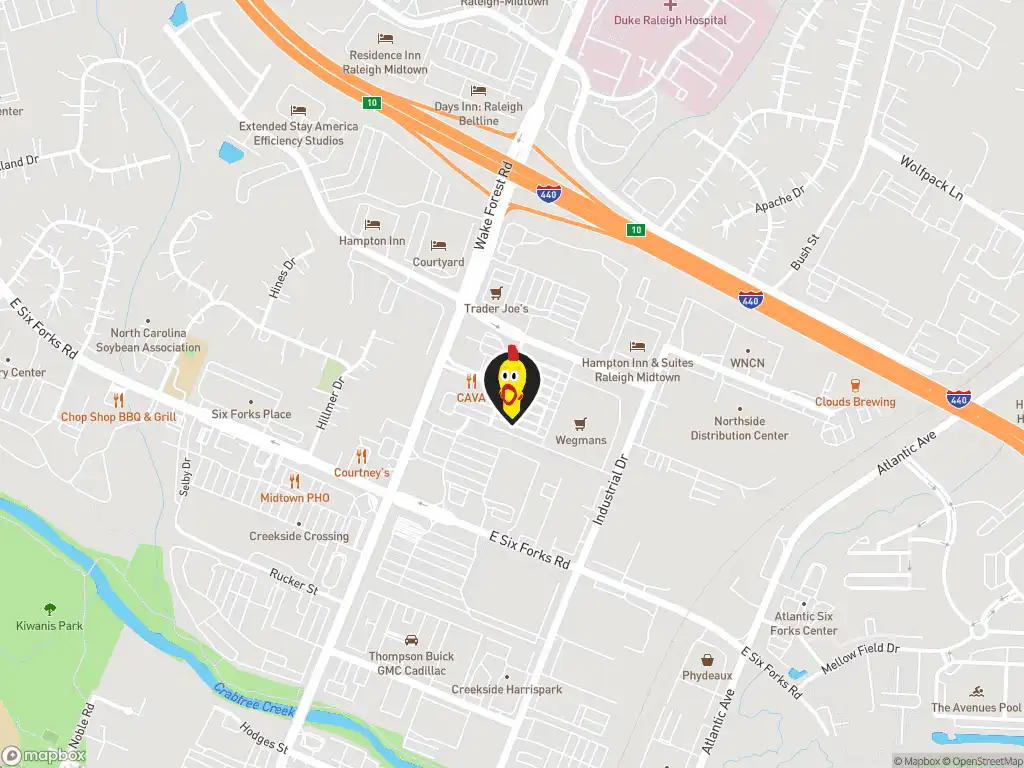 Map image with a marker at Dave's Hot Chicken, 2920 Sherman Oak Place, Unit 140, Raleigh, NC, 27609, United States. Click for directions.