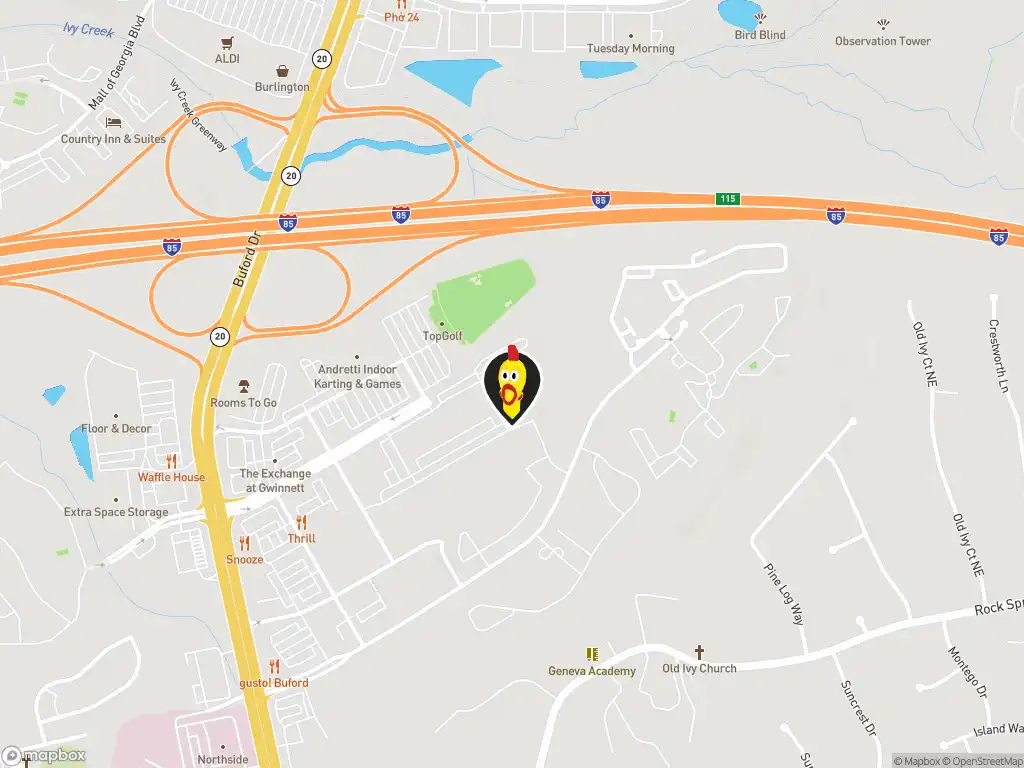 Map image with a marker at Dave's Hot Chicken, 2925 Buford Drive, Suite 610, Buford, GA, 30519, US. Click for directions.