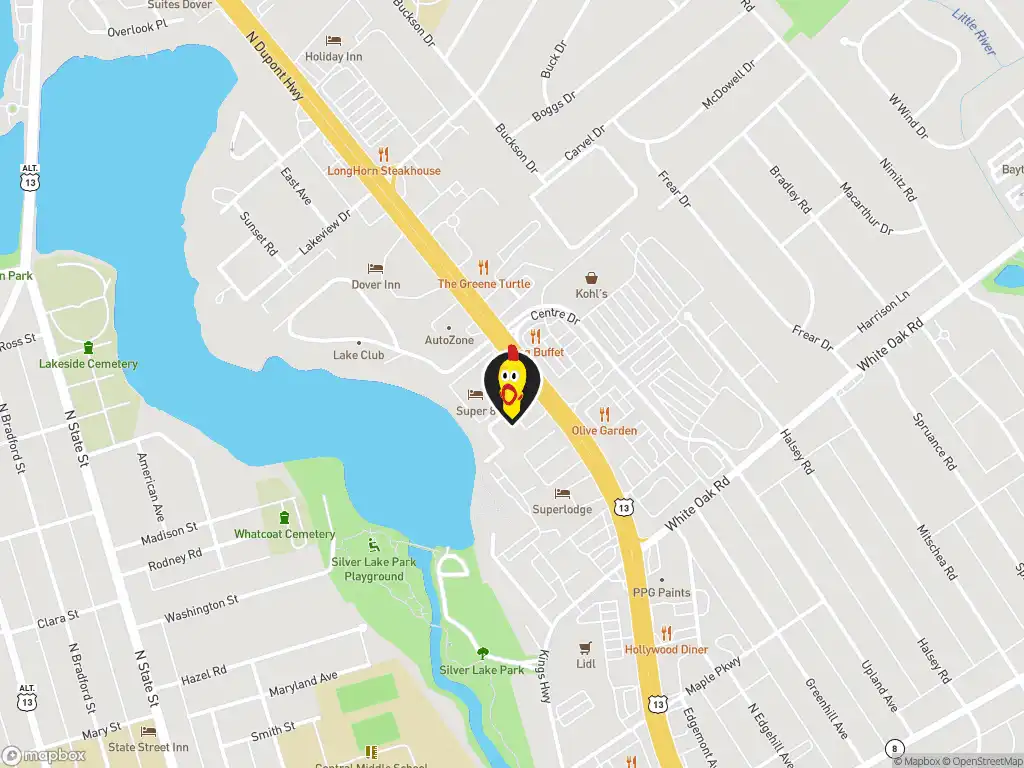 Map image with a marker at Dave's Hot Chicken, 318 N Dupont Hwy, Dover, DE, 19901, US. Click for directions.
