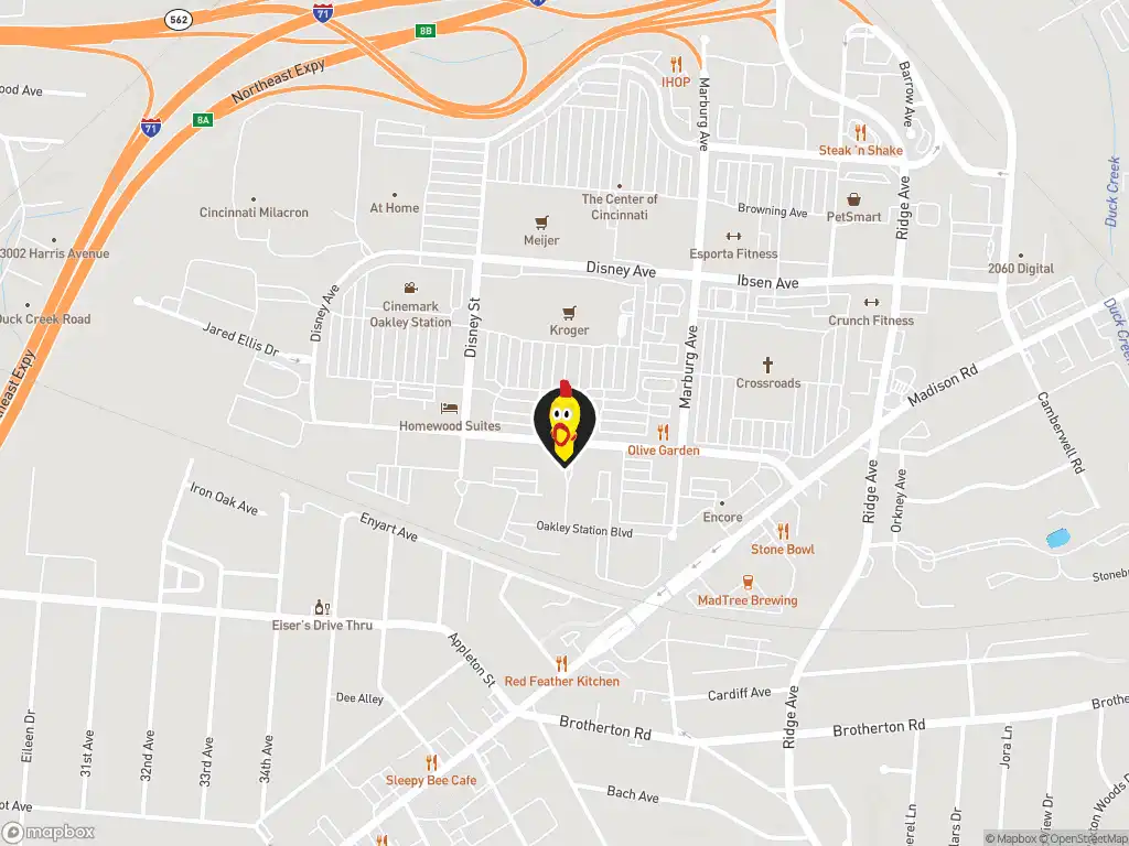 Map image with a marker at Dave's Hot Chicken, 3208 Vandercar Way, Cincinnati, OH, 45209, US. Click for directions.