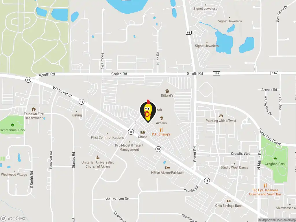 Map image with a marker at Dave's Hot Chicken, 3265 W. Market Street, Suite 100B, Fairlawn, OH, 44333, United States. Click for directions.