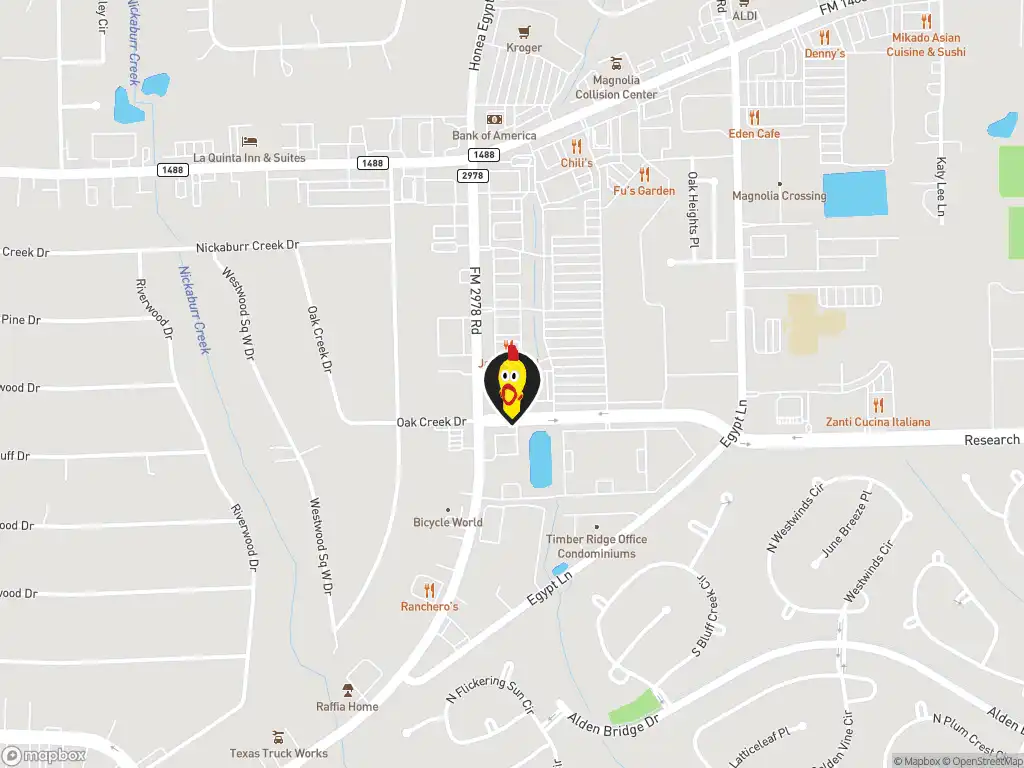 Map image with a marker at Dave's Hot Chicken , 32822 FM 2978 Suite 1100, Magnolia, TX, 77354, United States. Click for directions.