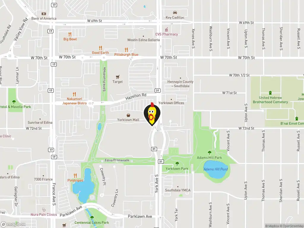 Map image with a marker at Dave's Hot Chicken, 3301 Hazelton Road, Edina, MN, 55435, United States. Click for directions.