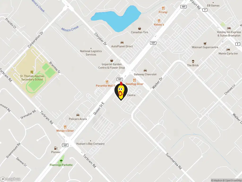 Map image with a marker at Dave's Hot Chicken, 35 Gateway Blvd, Brampton, ON, L6T 4X2, Canada. Click for directions.