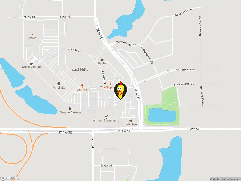Map image with a marker at Dave's Hot Chicken, 409 E. Hills Blvd. SE #215, Calgary, AB, T2A 4X7, Canada. Click for directions.