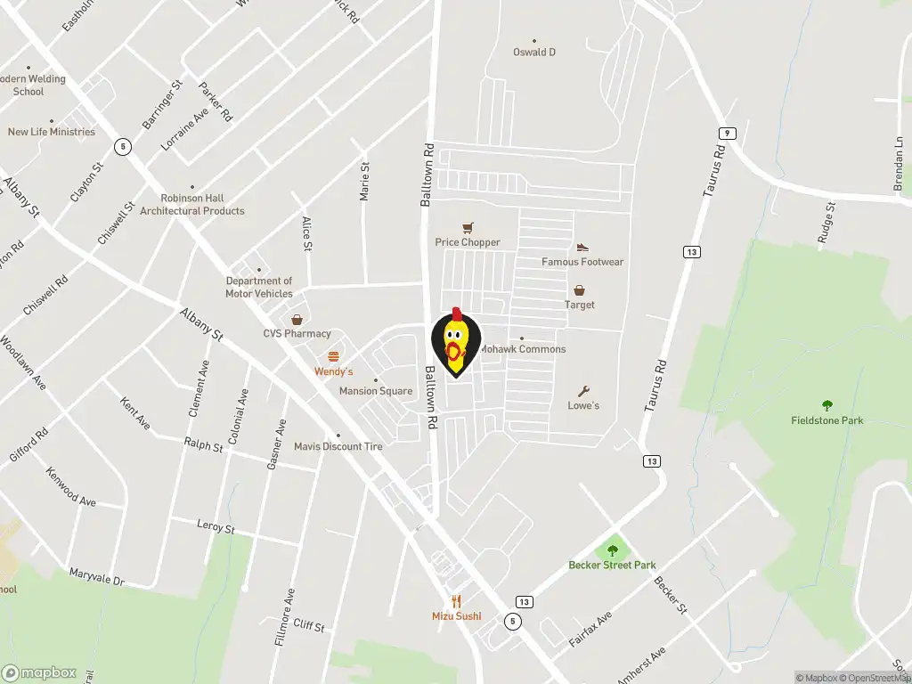 Map image with a marker at Dave's Hot Chicken, 412 Balltown Rd., Suite D, Schenectady, NY, 12309, US. Click for directions.