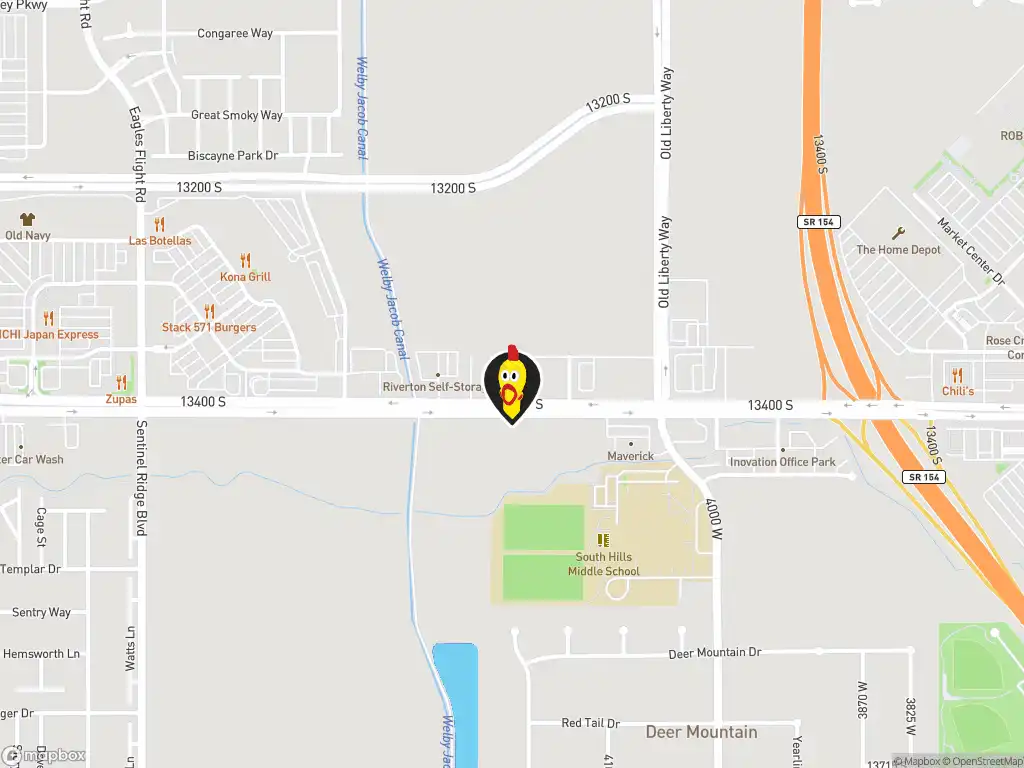 Map image with a marker at Dave's Hot Chicken, 4182 W. 13400 S., Suite 100, Riverton, UT, 84065, United States. Click for directions.