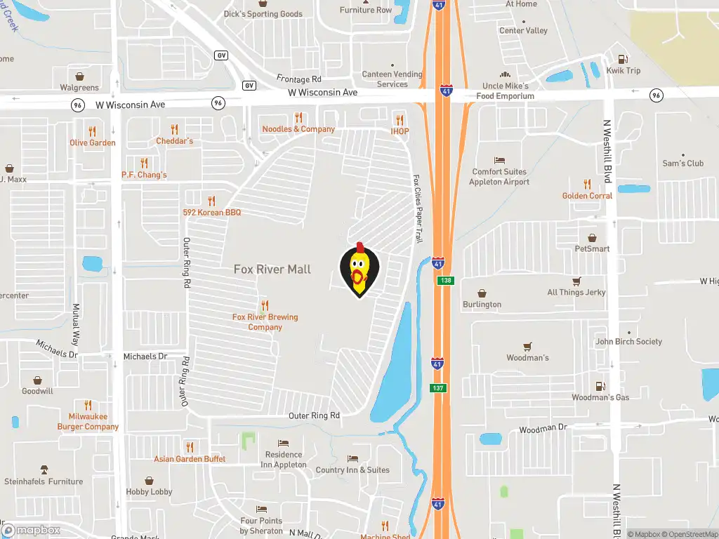 Map image with a marker at Dave's Hot Chicken, 4301 W. Wisconsin Avenue, Appleton, WI, 54913, US. Click for directions.