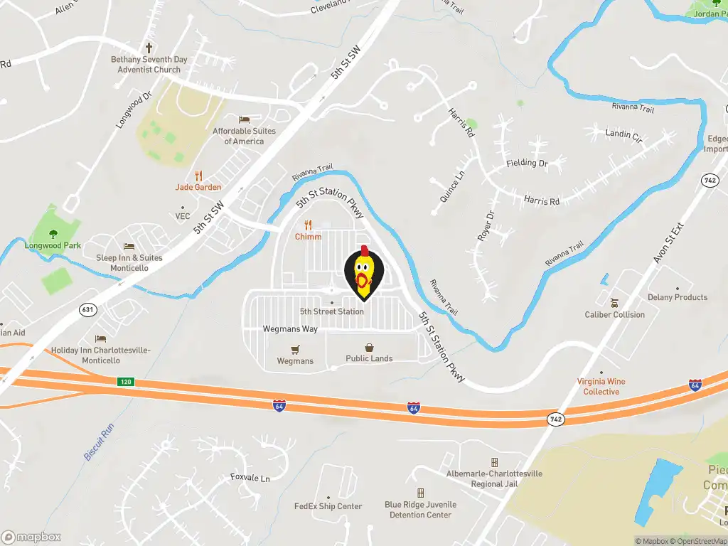 Map image with a marker at Dave's Hot Chicken , 435 Merchant Walk Square, Charlottesville, VA, 22901, US. Click for directions.
