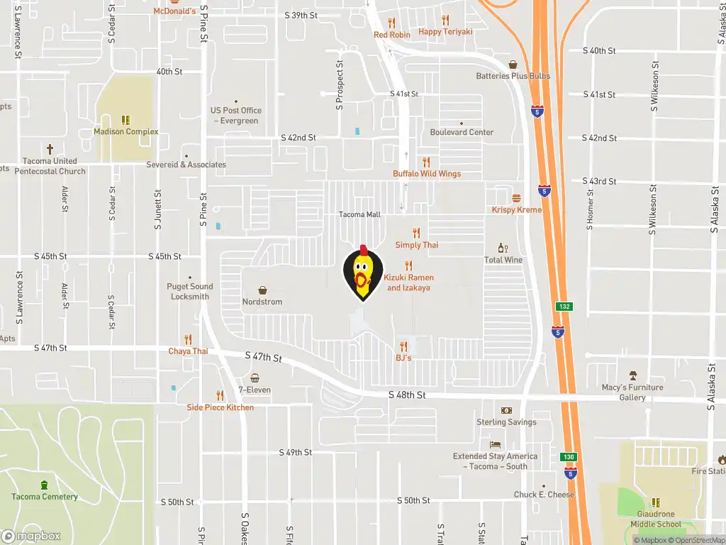 Map image with a marker at Dave's Hot Chicken, 4502 S. Steele Street, Tacoma, WA, 98409, United States. Click for directions.