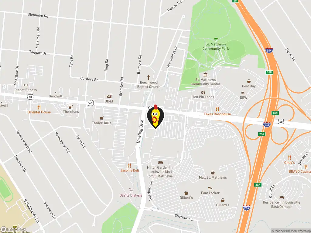 Map image with a marker at Dave's Hot Chicken, 4848 Shelbyville Road, Louisville, KY, 40207, US. Click for directions.