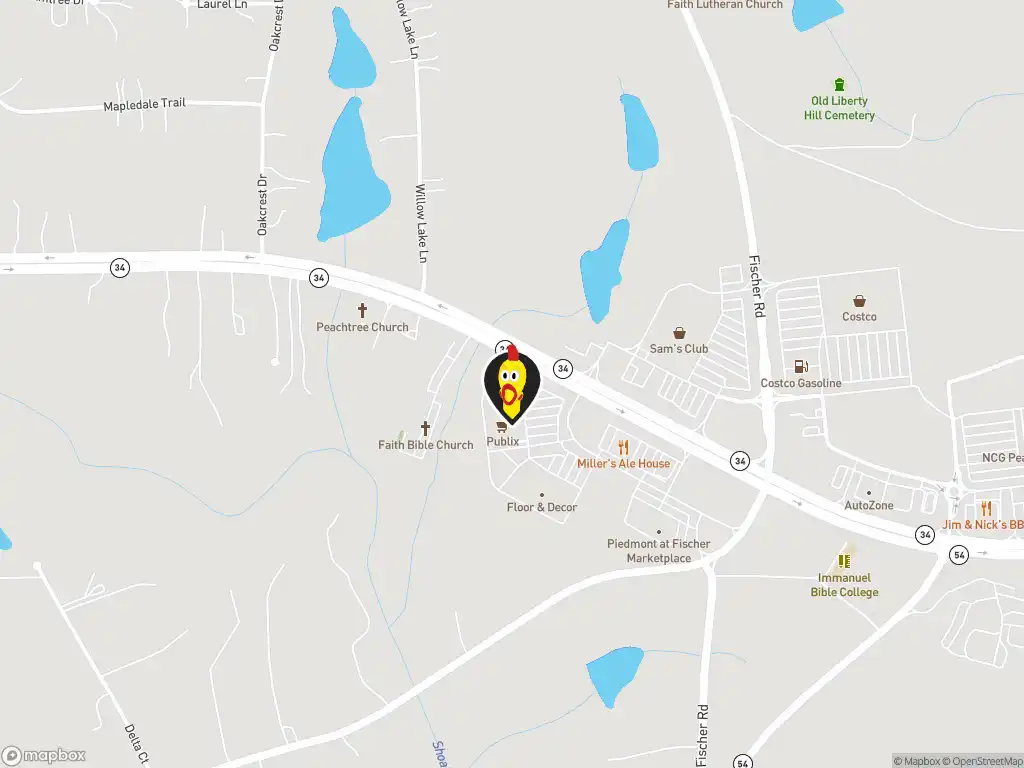 Map image with a marker at Dave's Hot Chicken, 4957 E. Hwy. 34, Suite 700, Sharpsburg, GA, 30277, United States. Click for directions.