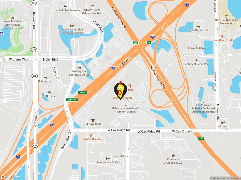 Map image with a marker at Dave's Hot Chicken, 4969 International Dr., Suite 3E11B, Orlando, FL, 32819, United States. Click for directions.