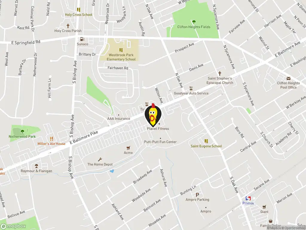 Map image with a marker at Dave's Hot Chicken, 500 W Baltimore Pike, Clifton Heights, PA, 19018, United States. Click for directions.