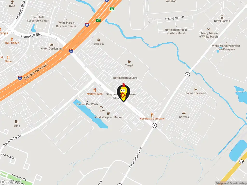 Map image with a marker at Dave's Hot Chicken, 5282 Campbell Blvd Suite G, Nottingham, MD, 21236, United States. Click for directions.