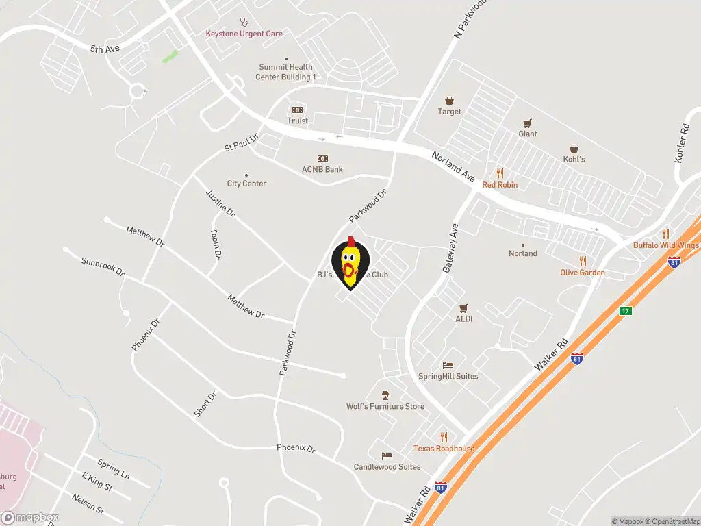 Map image with a marker at Dave's Hot Chicken, 540 Gateway Avenue, Chambersburg, PA, 17201, US. Click for directions.
