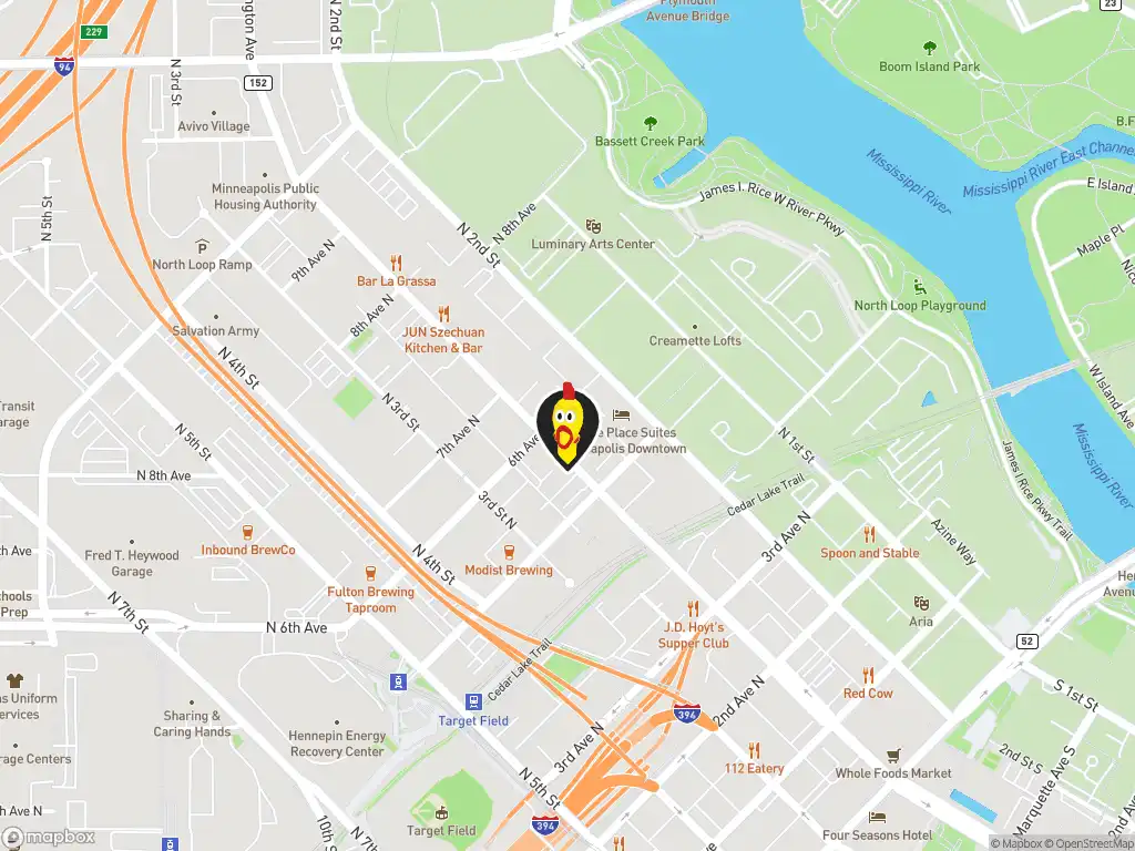 Map image with a marker at Dave's Hot Chicken, 548 Washington Ave N., Suite 221, Minneapolis, MN, 55401, United States. Click for directions.
