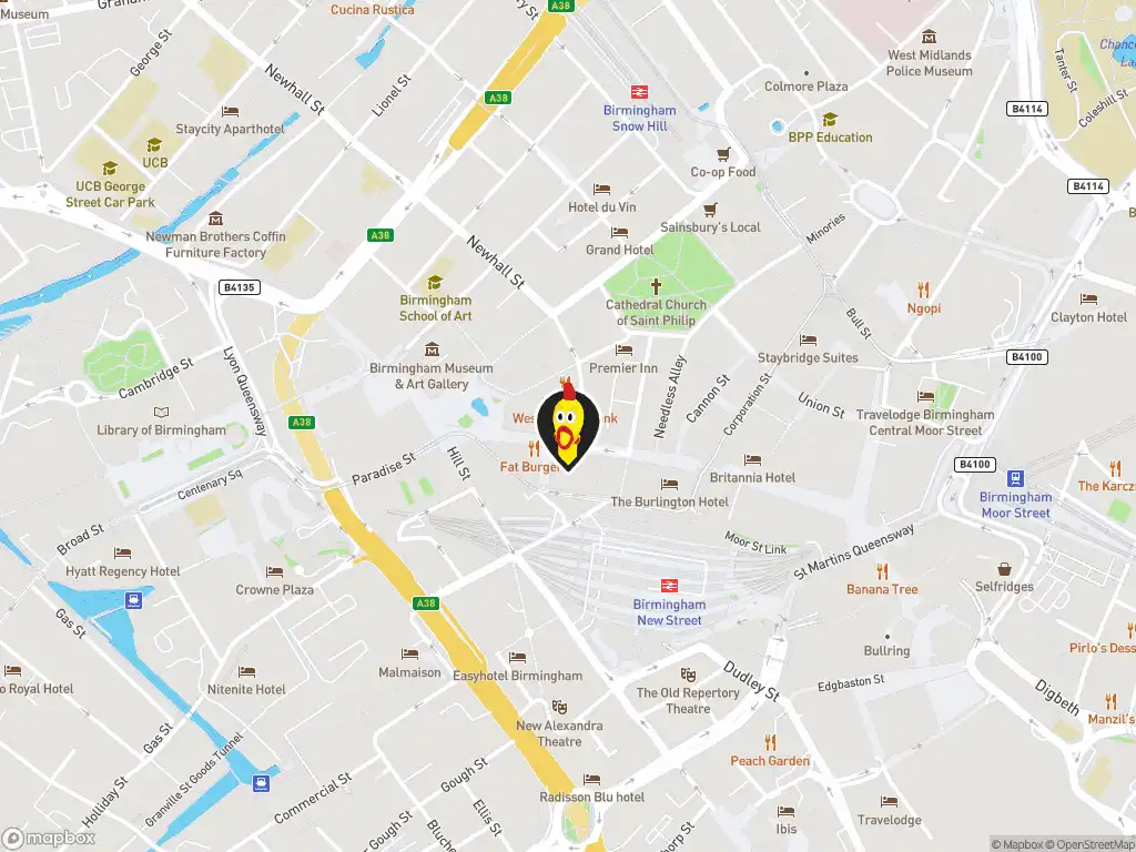Map image with a marker at Dave's Hot Chicken, 56 New Street, Birmingham, United Kingdom, B2 4DU, England. Click for directions.