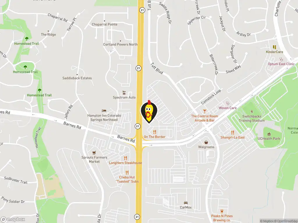 Map image with a marker at Dave's Hot Chicken, 5860 Barnes Rd, Colorado Springs, CO, 80922, United States. Click for directions.