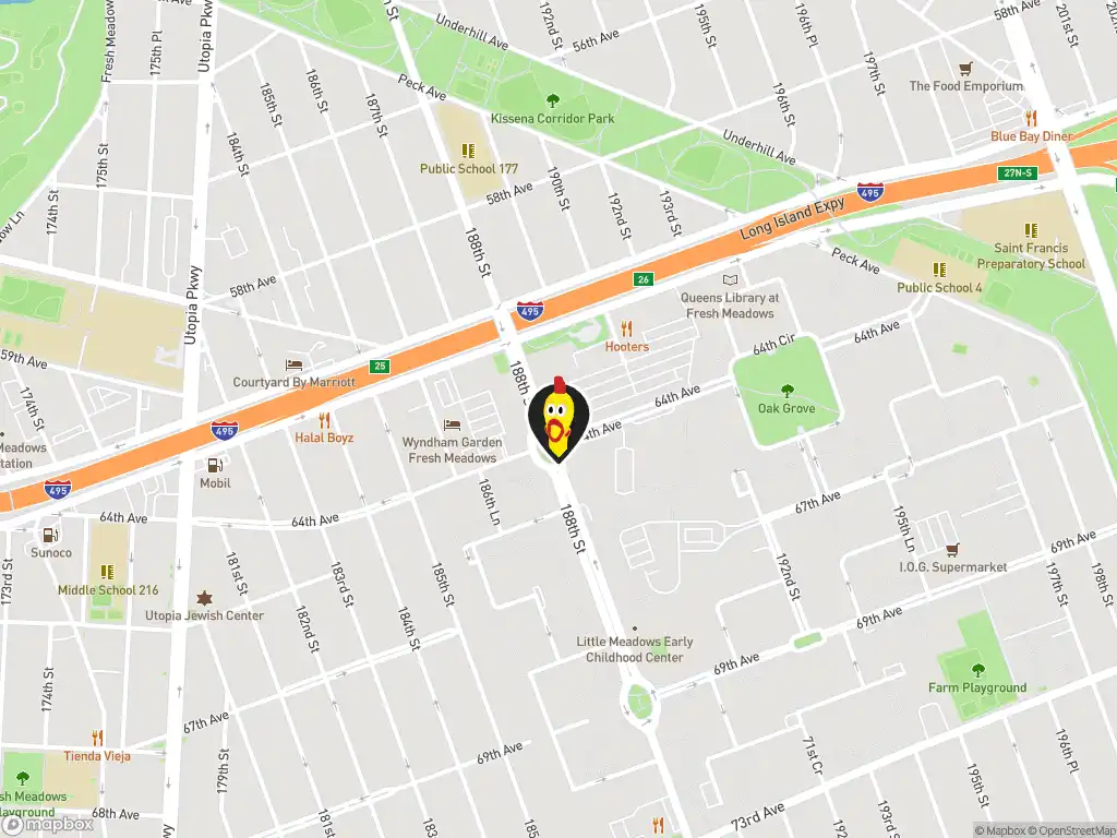 Map image with a marker at Dave's Hot Chicken , 61-45 188th St, Fresh Meadows, NY, 11365, United States. Click for directions.