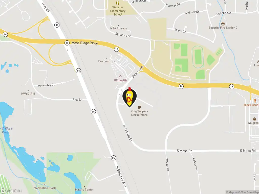 Map image with a marker at Dave's Hot Chicken, 6235 Sawcut Point, Fountain, CO, 80911, United States. Click for directions.