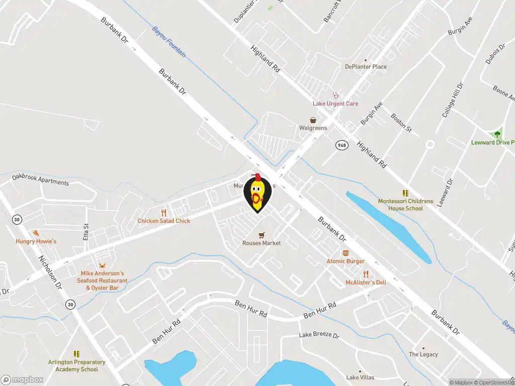 Map image with a marker at Dave's Hot Chicken, 640 Arlington Creek Centre Dr, Baton Rouge, LA, 70820, US. Click for directions.