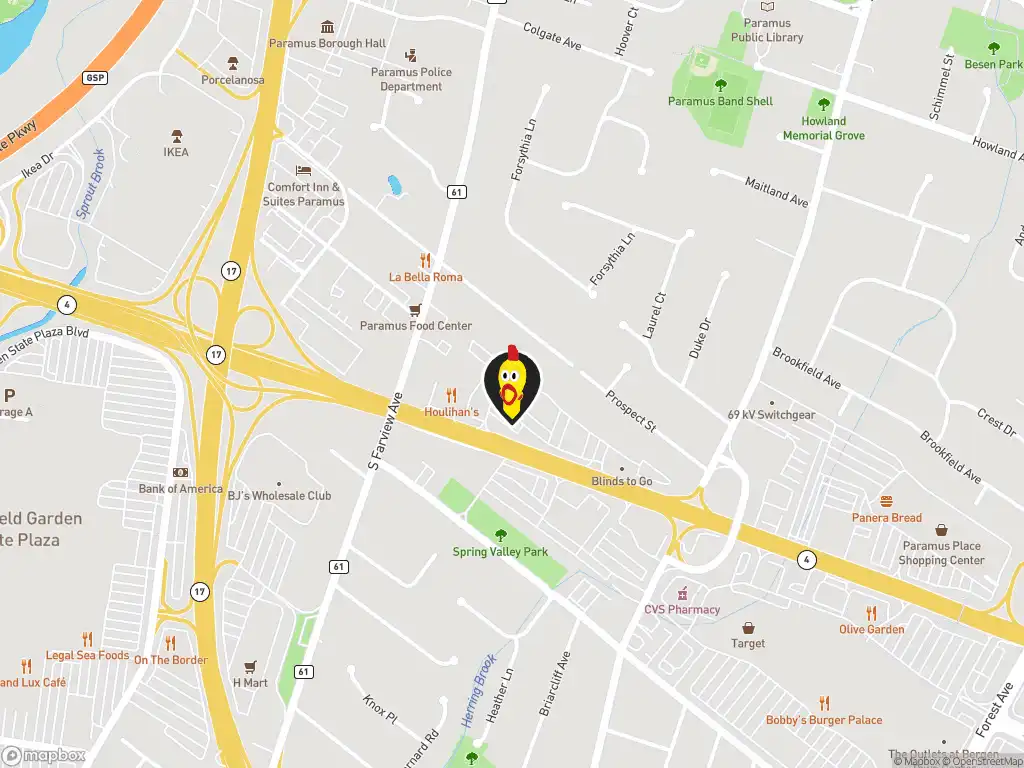 Map image with a marker at Dave's Hot Chicken, 65 Route 4, Paramus, NJ, 07652, United States. Click for directions.
