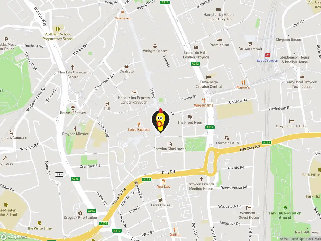 Map image with a marker at Dave's Hot Chicken, 7/11 High St., Croydon, CR0 1QB, United Kingdom. Click for directions.