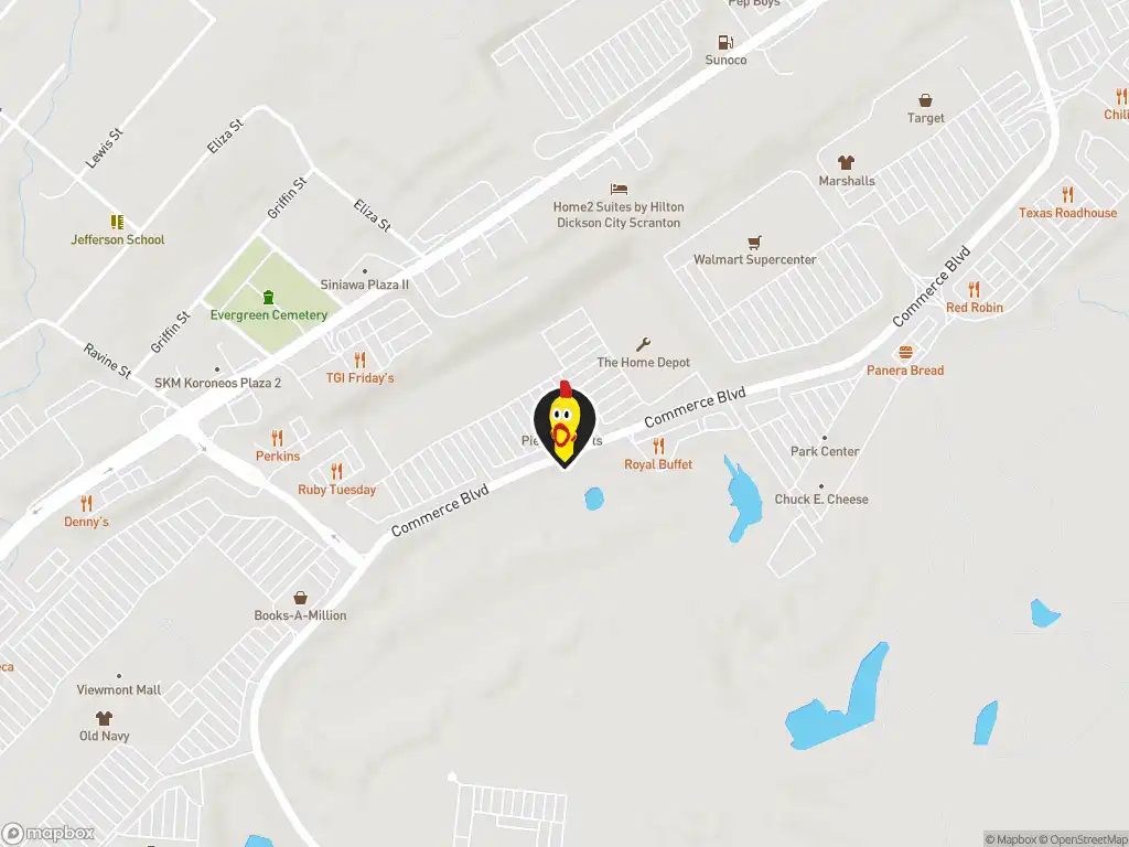 Map image with a marker at Dave's Hot Chicken, 700 Commerce Blvd., Unit 11B, Dickson City, PA, 18519, United States. Click for directions.