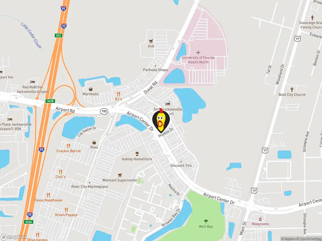 Map image with a marker at Dave's Hot Chicken, 730 Skymarks Drive, Jacksonville, FL, 32218, United States. Click for directions.