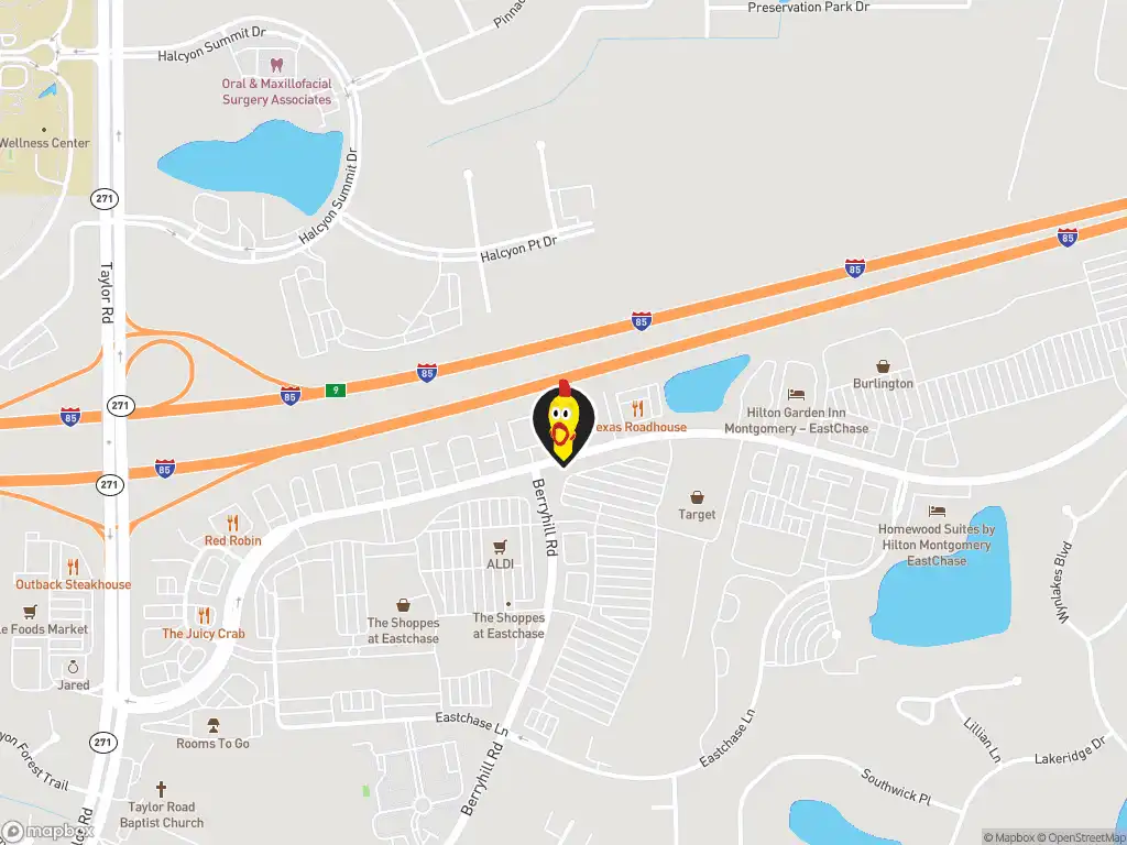 Map image with a marker at Dave's Hot Chicken, 7413 Eastchase Pkwy., Montgomery, AL, 36117, United States. Click for directions.