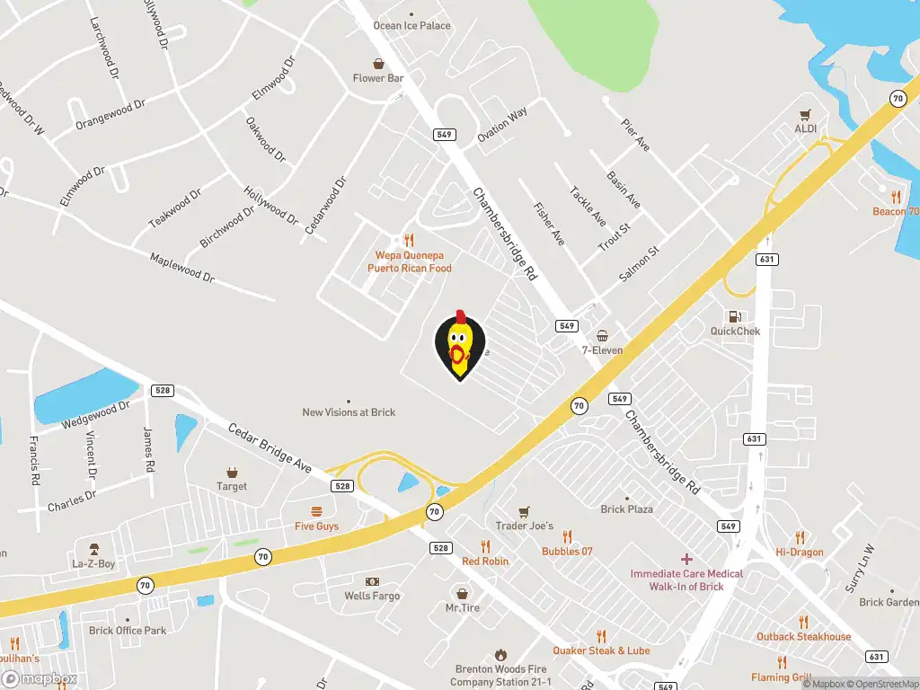 Map image with a marker at Dave's Hot Chicken, 744 NJ-70 W., Brick, NJ, 08723, United States. Click for directions.