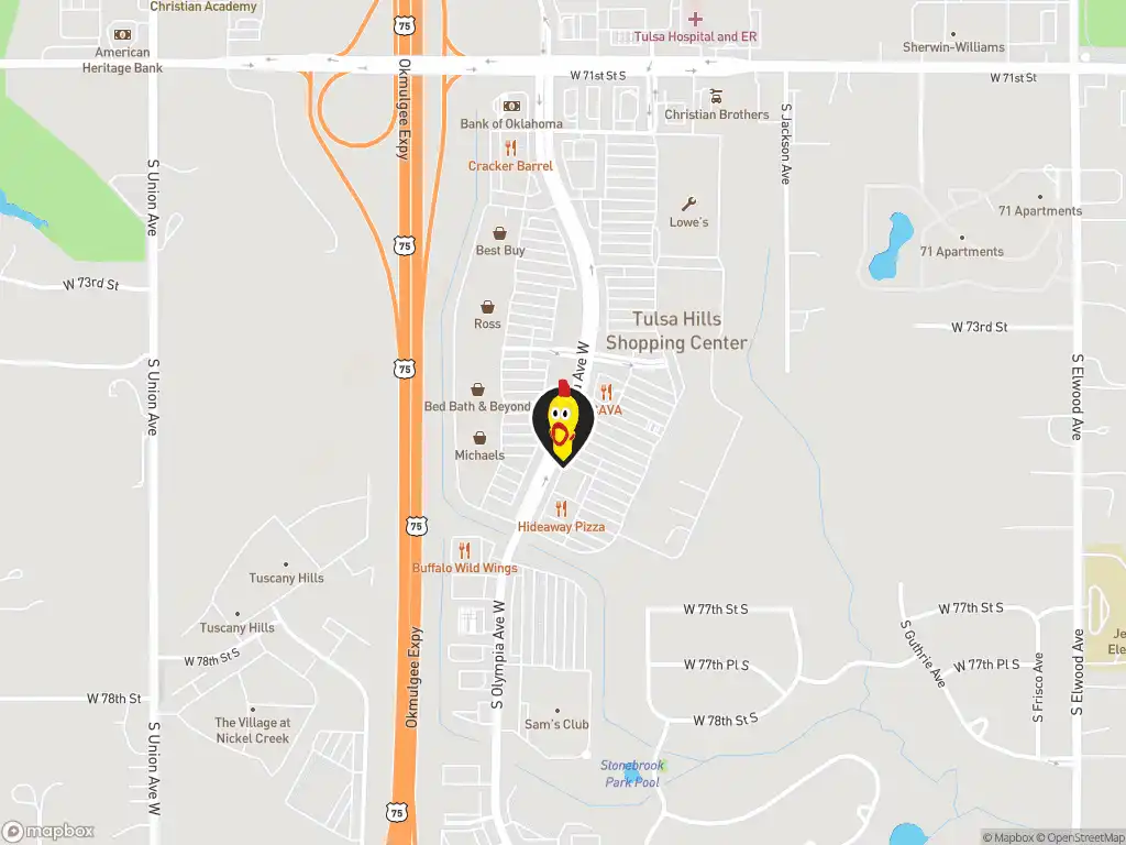 Map image with a marker at Dave's Hot Chicken, 7454 S. Olympia Avenue, Tulsa, OK, 74132, United States. Click for directions.