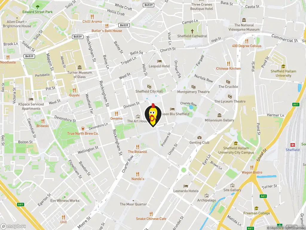 Map image with a marker at Dave's Hot Chicken, 8/10 Cambridge St., Sheffield City Center, Sheffield, S1 4HP, United Kingdom. Click for directions.