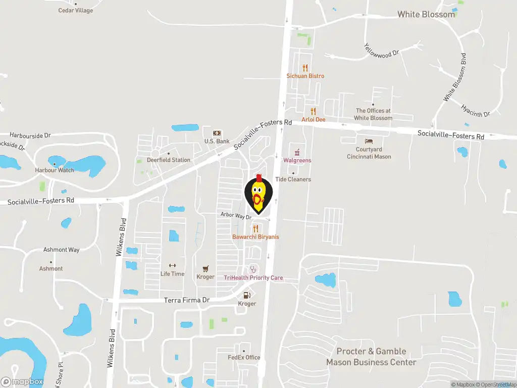 Map image with a marker at Dave's Hot Chicken, 8150 Arbor Square Dr., Mason, OH, 45040, United States. Click for directions.