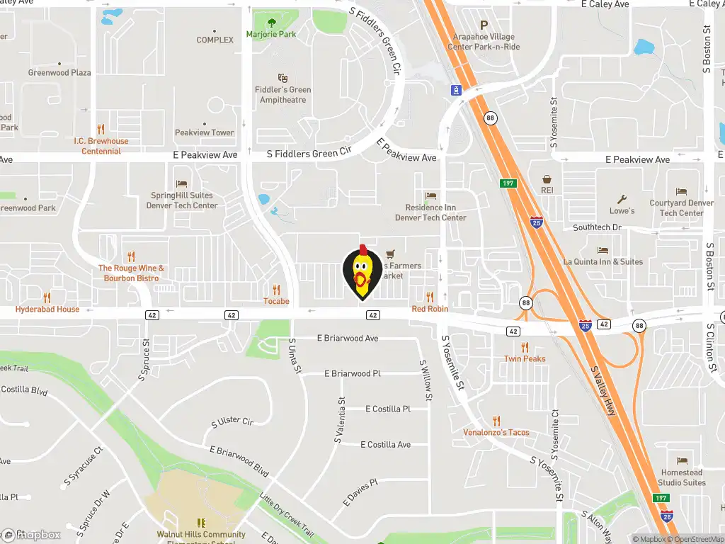 Map image with a marker at Dave's Hot Chicken, 8525 E. Arapahoe Rd., Greenwood Village, CO, 80112, US. Click for directions.