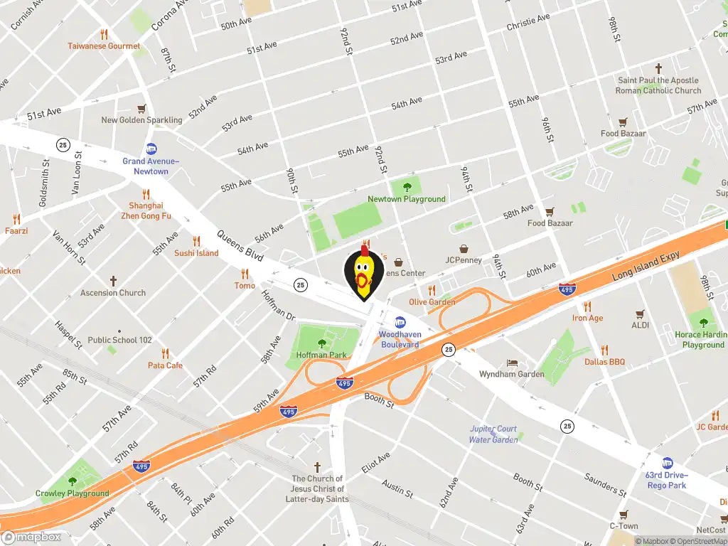 Map image with a marker at Dave's Hot Chicken, 9015 Queens Blvd., Elmhurst, NY, 11498, United States. Click for directions.
