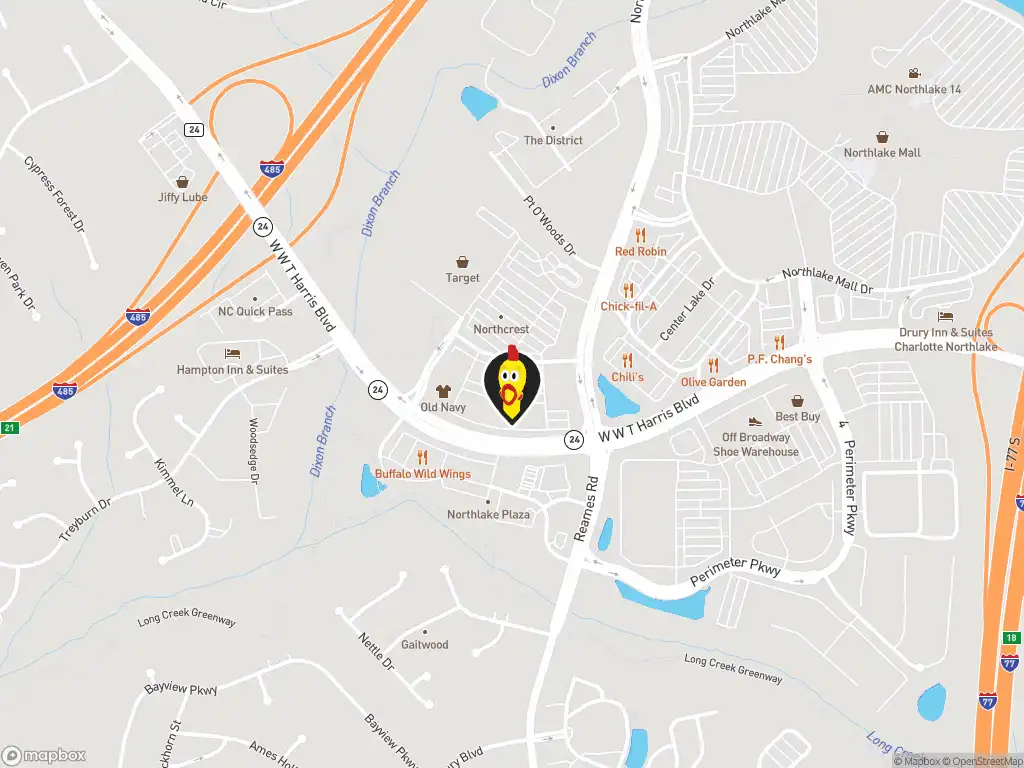 Map image with a marker at Dave's Hot Chicken, 9711 Northlake Ctr. Pkwy., Suite A, Charlotte, NC, 28216, United States. Click for directions.