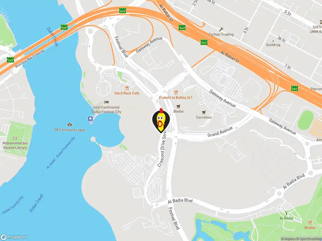 Map image with a marker at Dave's Hot Chicken, Crescent Drive St., Al Kheeran, Dubai Festival City, Dubai, UAE. Click for directions.
