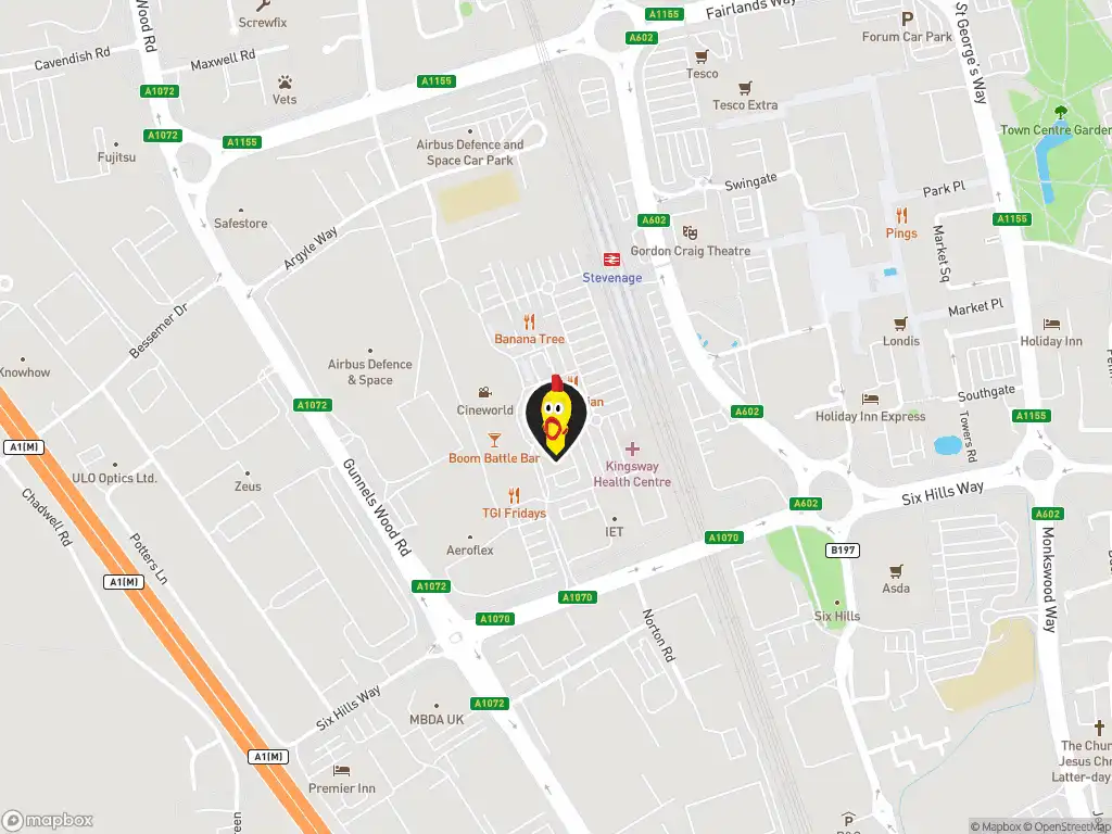 Map image with a marker at Dave's Hot Chicken, Stevenage Leisure Park, Unit 15, Stevenage, SG1 2UA, United Kingdom. Click for directions.